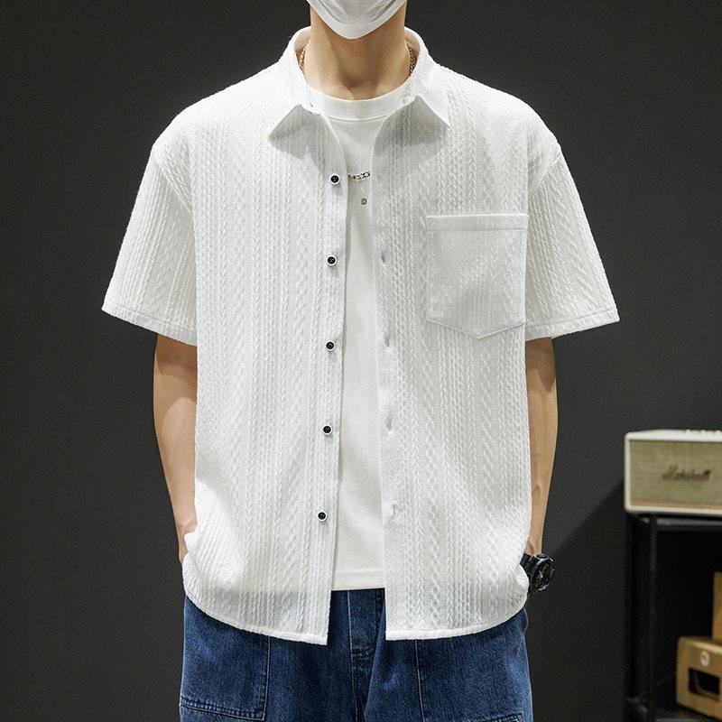 Buttons Pleated Shirt Harajuku Button Up Short Sleeve Male Shirts Men Blouse Tops