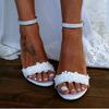 Factory Direct Sales, New Foreign Trade Large Size White High Heels Thick Heel Lace Flower Middle Heel with Sandals Women's Wedding Shoes