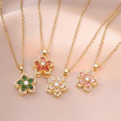 Collana con ciondolo a forma di fiore rotante di lusso leggero per donna, moda, zircone, fiore, girocollo, catena in acciaio inossidabile, regalo per gioielli