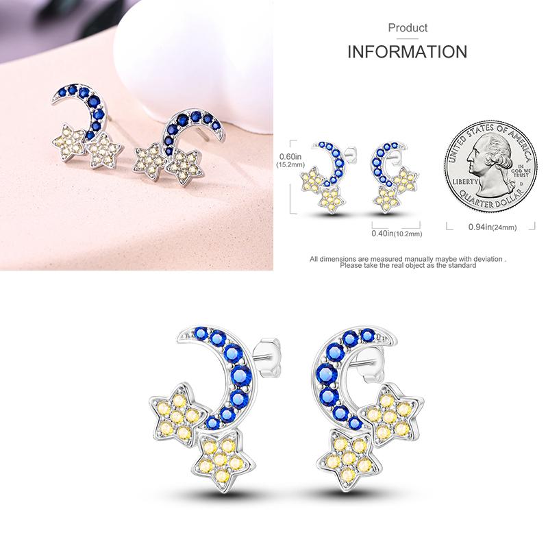 Sparkling Blue Zircon Hoop Earrings Pave U Shape Star Devil Eyes Circle S925 Drop Earring Fit Original Party Jewelry