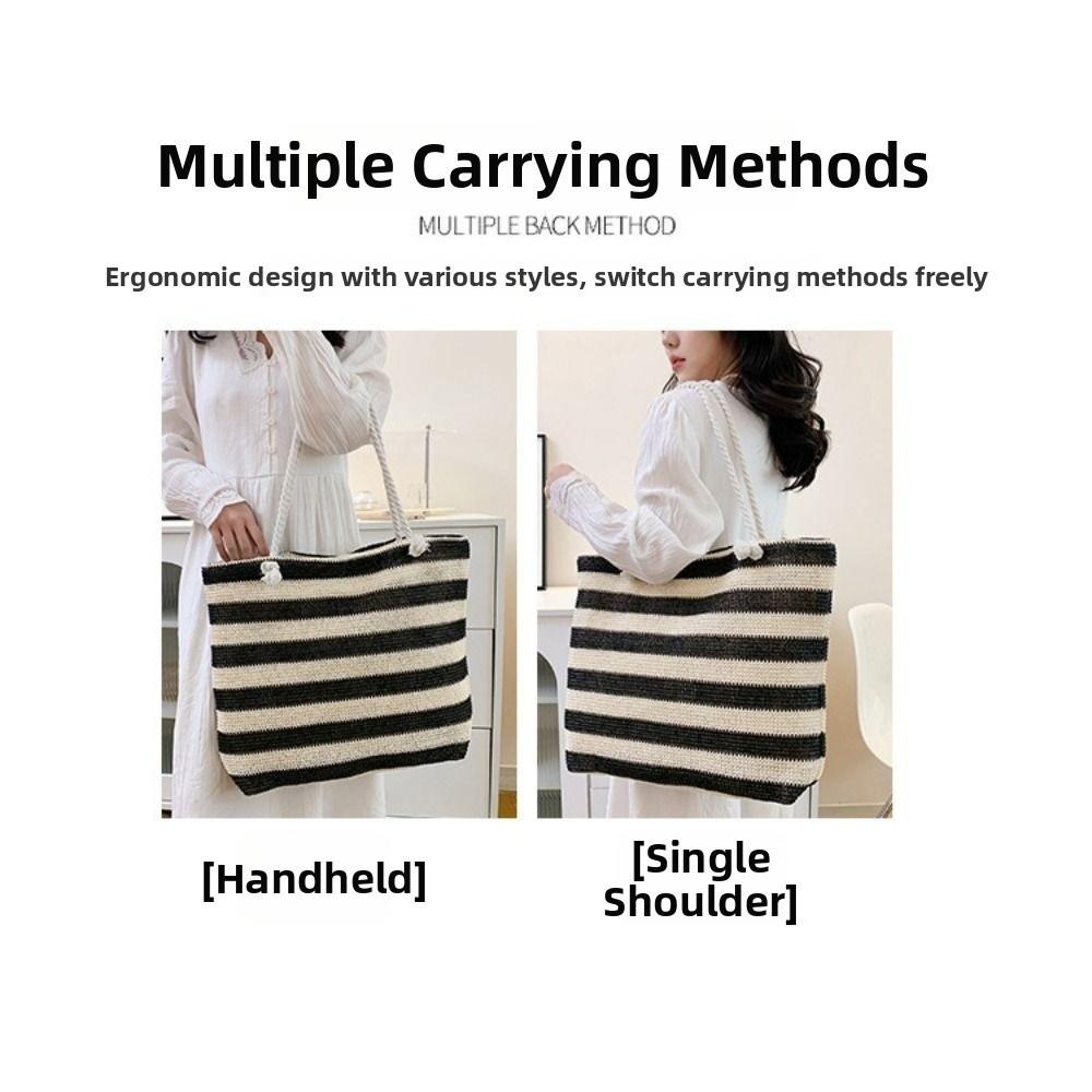 Striped Beach Tote Bag Straw Foldable Shoulder Bag Zipper Large Capacity Travel Handbag For Travel Work Beach Gym Store