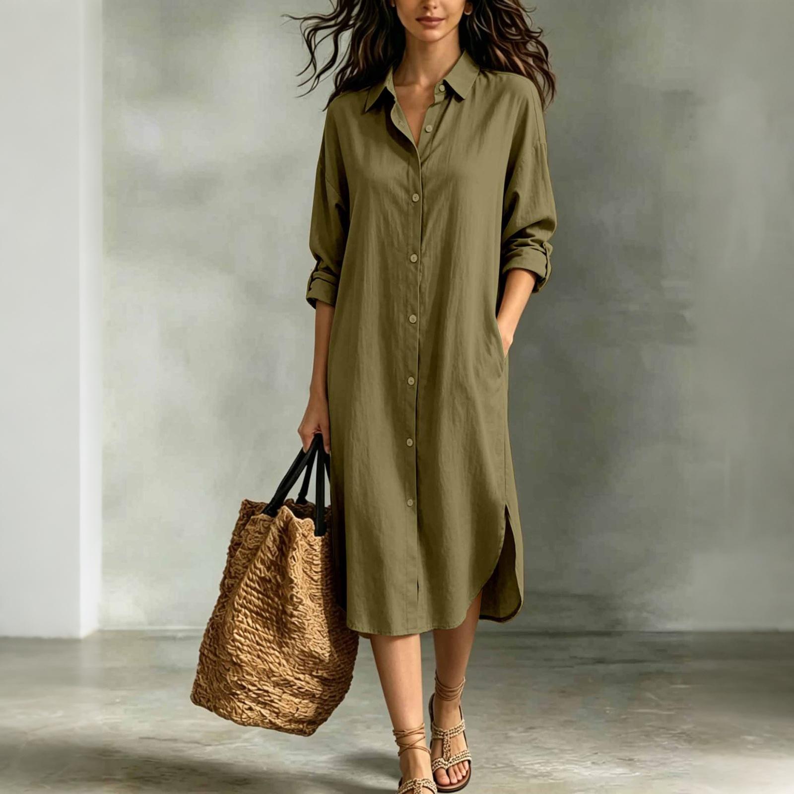 

Women Cotton Linen Shirt Dress Long Sleeve Button Down Casual Loose Fit Midi Dress with Pockets for Vacation and Everyday Wear XL