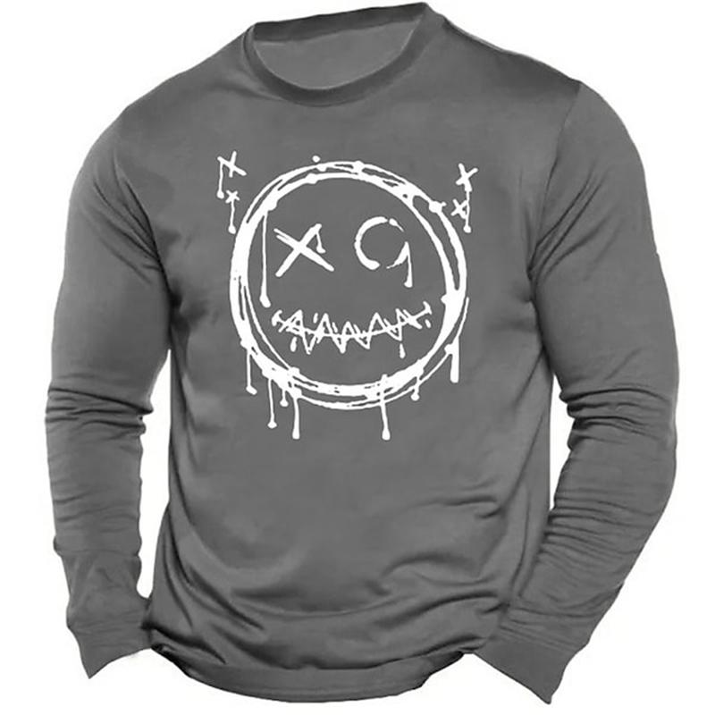 Men's Casual Autumn Breathable Long Sleeve Crewneck Printed Evil Smiley Face Pattern Clothing Y2K Top Men's Long Sleeve