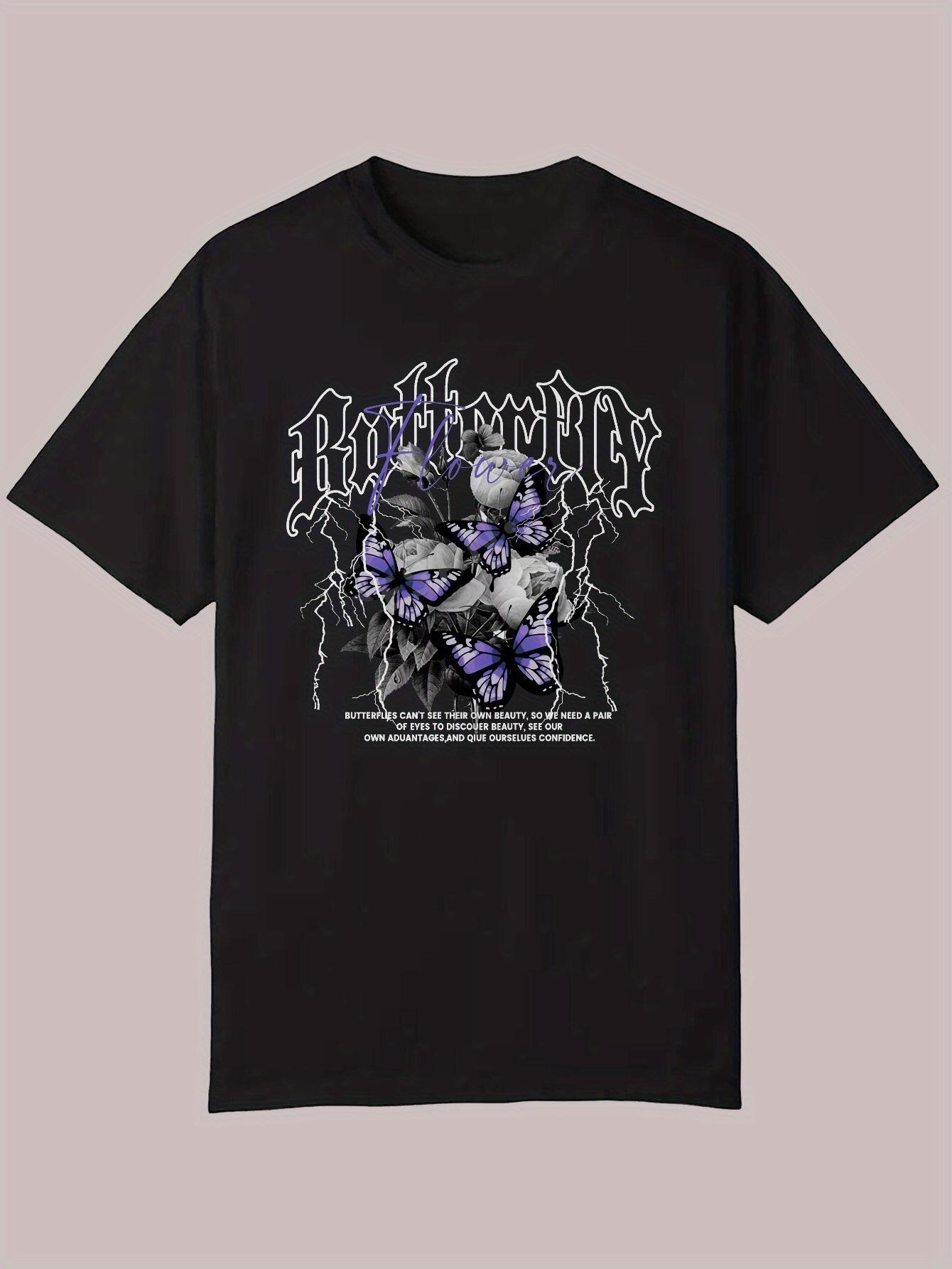 Summer Casual Short Sleeve T-shirt - Black Botanical Floral Print with Purple Flowers & Lightning Design XXXL