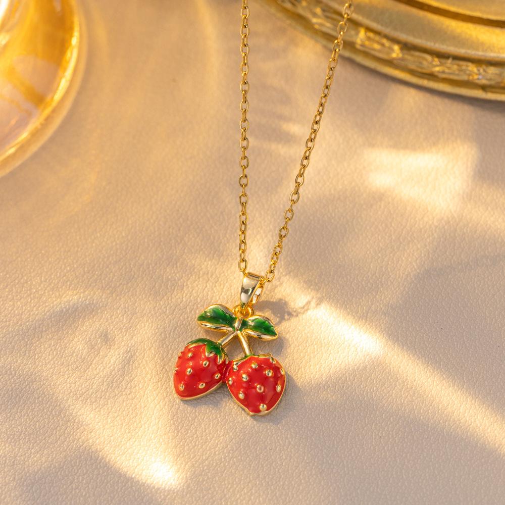Women Girls Sweet Cute Strawberry Series Pendant Necklace Stainless Steel Chain Lovely Strawberry Fruit Jewelry Accessories Gift