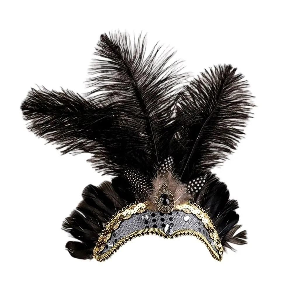Exquisite Sequin Feather Headband Vintage Masquerade Hair Band Colorful Feather Headpiece Showgirl чёрный