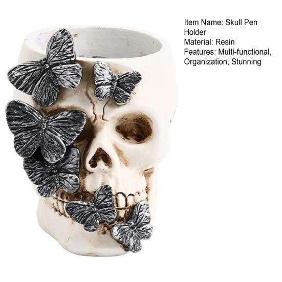 Gothic Butterfly Skull Pen Holder, Spooky Resin Skull Makeup Brush Holder, Multifunctional Halloween Tea Light Candle Holder for Desk, Shelf Decor