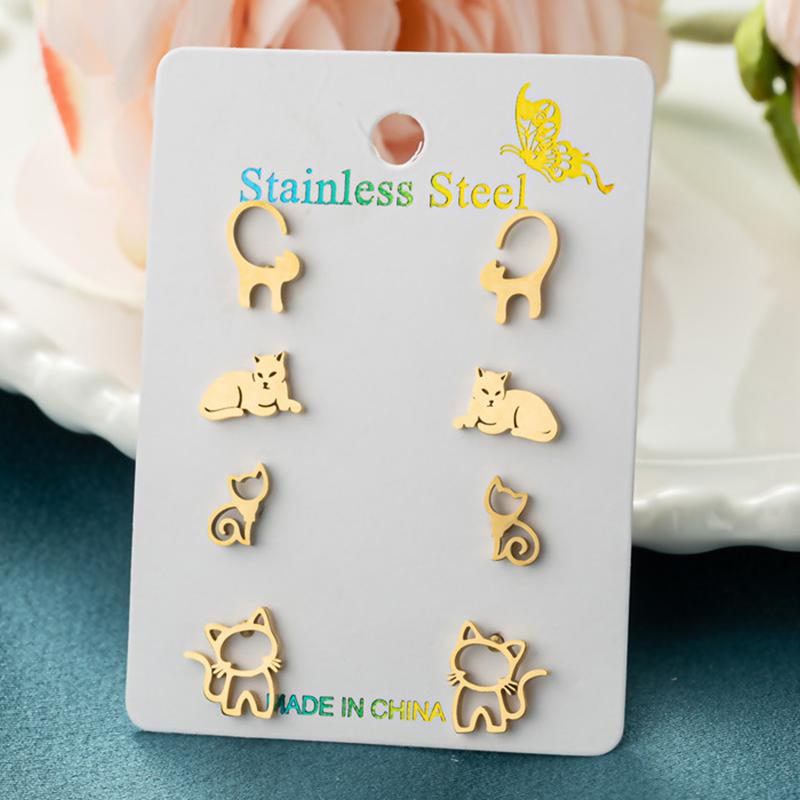 4Pairs/Lot Fashion Stainless Steel Star Moon Stud Earrings Sets for Women Small Flower Porker Dog Earings Jewelry Gift