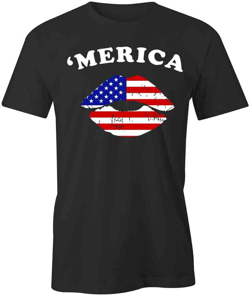 MERICA USA FLAG LIPS TShirt Tee Short-Sleeved Cotton CLOTHING AMERICAN S1BSA28