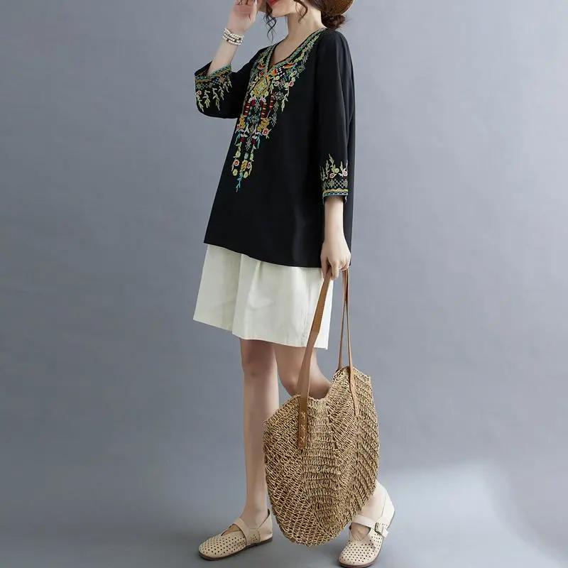 Oberteile Damen Baumwolle Sommer Große Größe T-Shirt V-Ausschnitt Locker Bedruckt Lässig Pullover T-Shirt Top