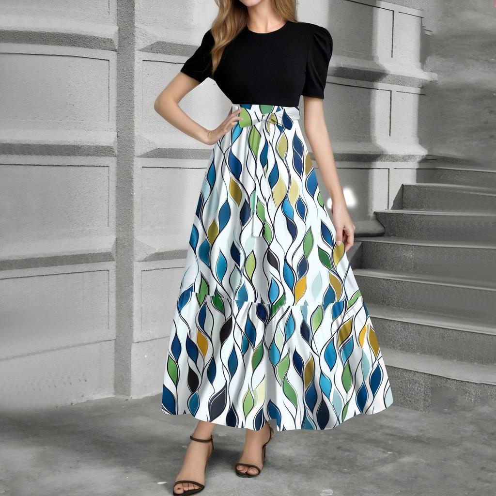 Women's Fashion Casual Belt Short Sleeve Round Neck Print Stitching Elegant Temperament Dress