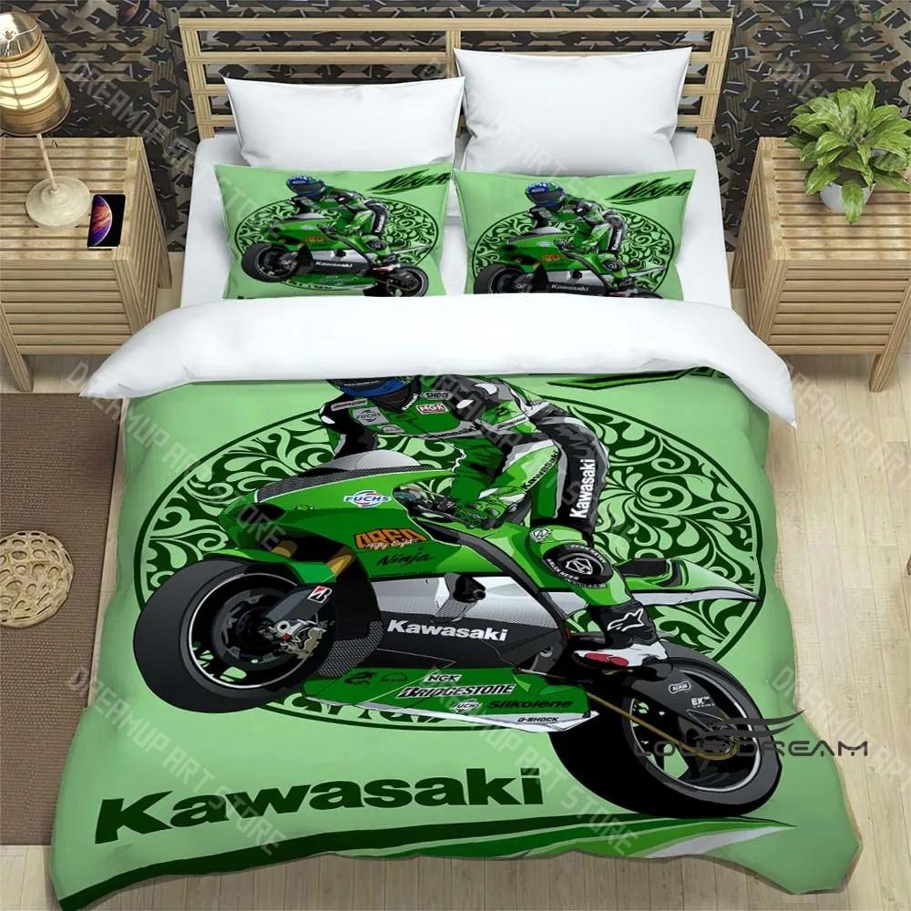 Set Biancheria da Letto Stampa Retro 3D Logo Moto K-Kawasaki Set Biancheria da Letto Elegante Copripiumino Coperta Trapuntata Letto Regalo di Compleanno di Lusso