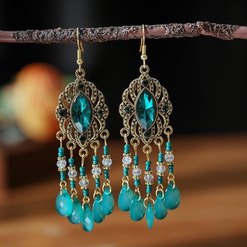 Vintage Bohemian Long Drop Dangle Earrings For Women Geometric Beads Handmade Tassel Crystal Ethnic Boho Wedding Earings Zircon