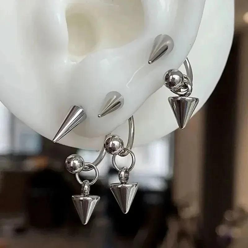 Punk Conical Pendant Horseshoe Ring Screw-on Stud Earrings