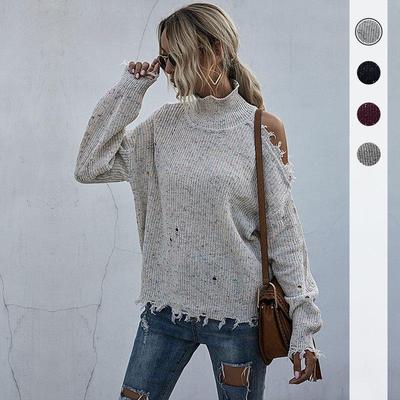 Women's Autumn and Winter Sweater, Loose Knitted Strapless Sweater with Long Sleeves and A Turtleneck
