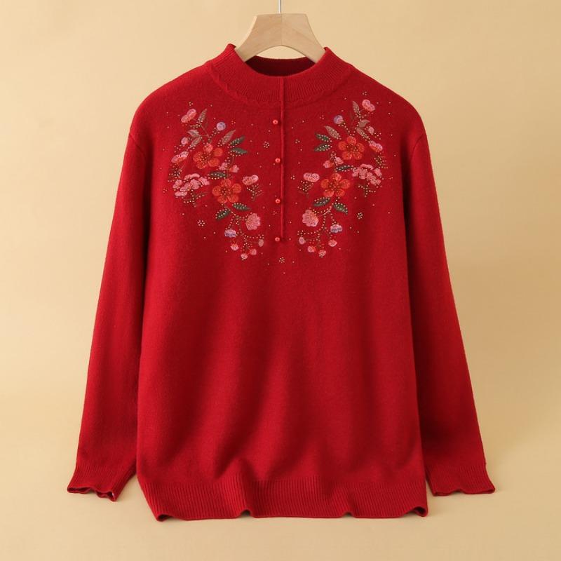 Mom Sweater Autumn and Winter Women's Fashion Embroidered Knitted Sweater Pullover Women's Clothing Fleece Warm Top Year-old Autumn Clothing