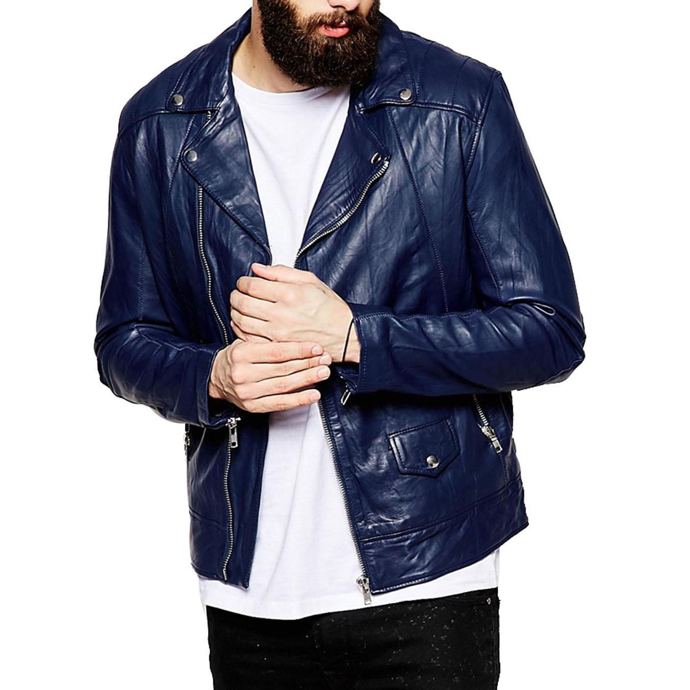 

SkinOutfit Men s Genuine Lambskin Blue Leather Jacket Stylish Motorcycle Bomber Biker Outerwear MJ 202 L синій