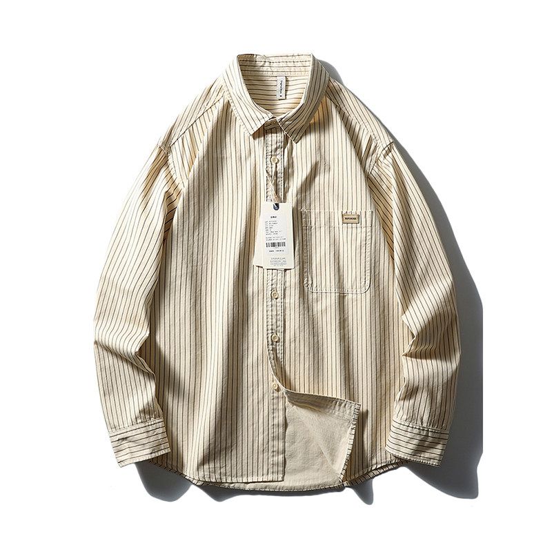American Retro Pure Cotton Striped Shirt Men s Long-Sleeved 2024 New Spring and Autumn Foreign Trade Men s Casual Work Shirt Brown 3XL