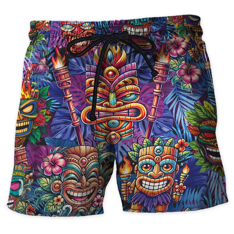 Fashion Tiki Graphic Beach Shorts For Men Summer Casual Holiday Vacation 3D Printed Short Pants Loose Harajuku Kids Swim Trunks
