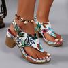 Large Size Medium Heel Printed Herringbone Sandals Women Wear High-heeled Sandals In Summer