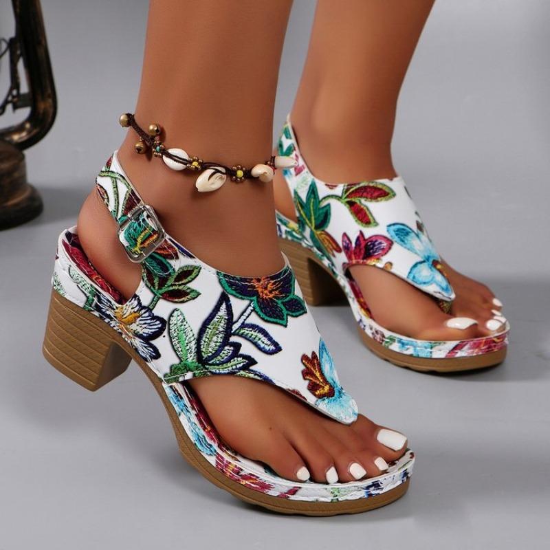 Large Size Medium Heel Printed Herringbone Sandals Women Wear High-heeled Sandals In Summer