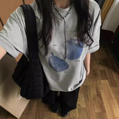 Camiseta de Algodón de Verano Cuello Redondo Estampado Vintage Estilo Urbano Mujer Manga Corta Harajuku Jersey Top