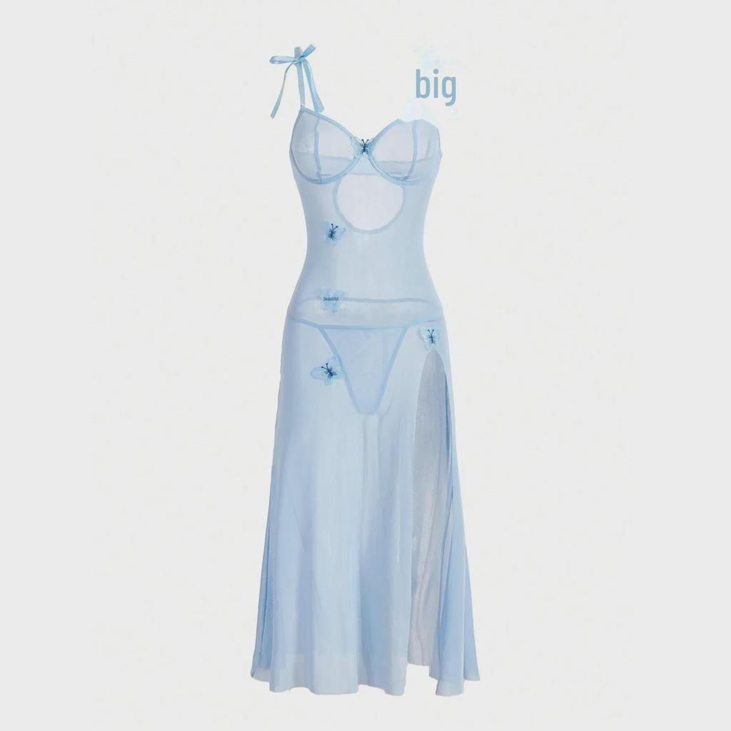 European & American Style Light Blue Mesh Lace Backless High Slit Suspender Dress