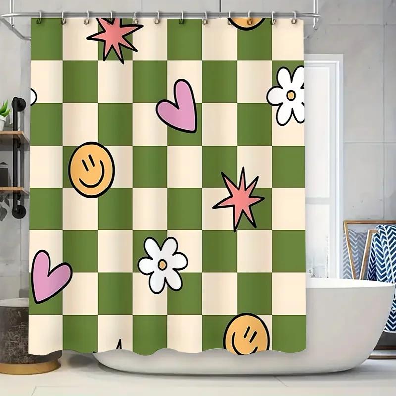 

Stylish Green and Beige Checkered Shower Curtain with Cute Patterns for Your Home Bathroom DecorationWaterproof PolyesterFabric W90xH180cm