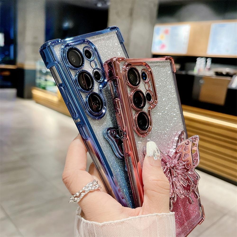 Suitable for Samsung S25 Ultra Mobile Phone Case S24FE Butterfly Stand Gradient Glitter Shell S23 Four Corner Anti Fall Protection