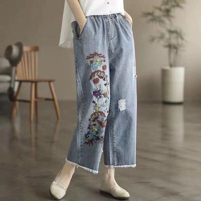 Pantalones de verano para mujer con bordado retro lavado y nueve puntos de pierna recta, diseño de borde sin rematar, pantalones de pierna ancha para uso diario
