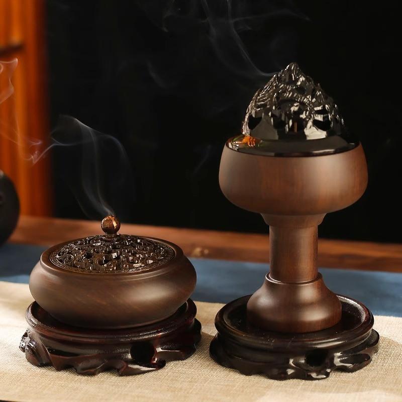 Black Ebony Wood Incense Burner Home Indoor Use Large Round Aromatic Diffuser Tea Ceremony Decor