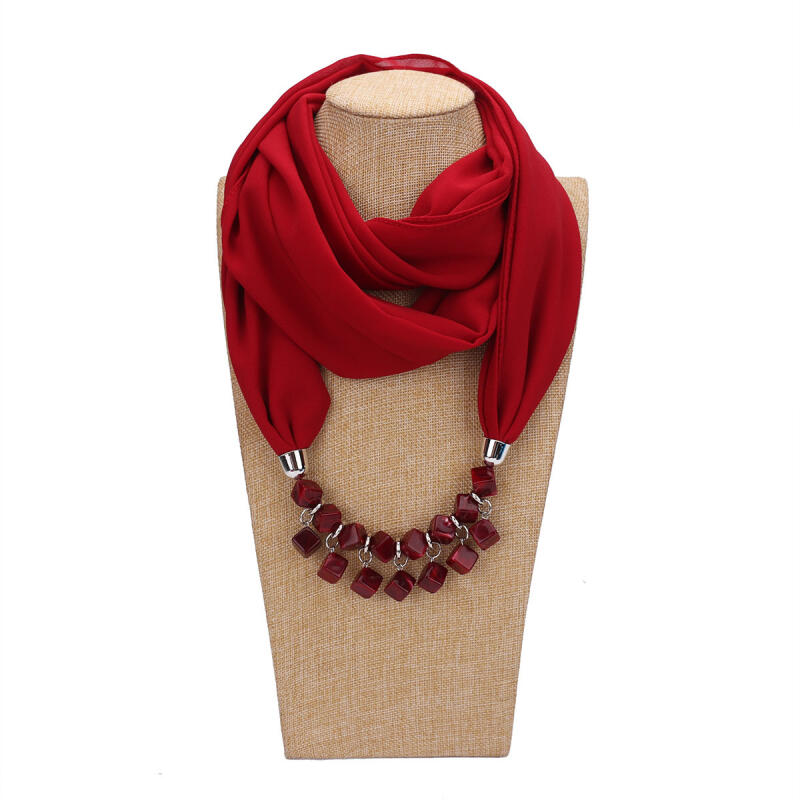 Bold Red Chiffon Scarf Necklace with Cubic Beads – Fashionable Infinity Scarf for Women, Statement Jewelry Accessory