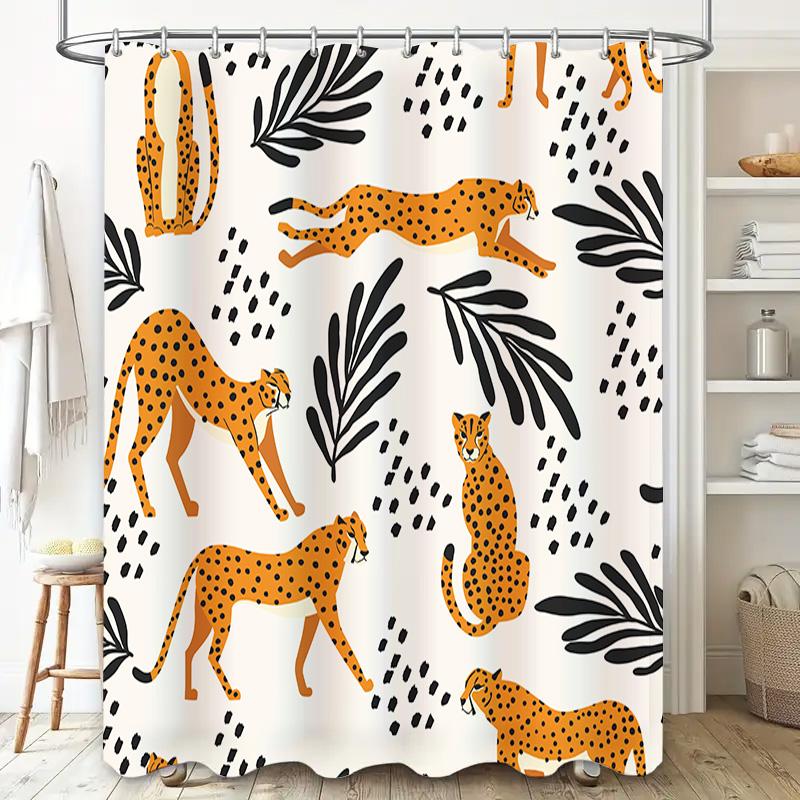 Modern Leopard Print Shower Curtain Black Gold Design With Palm Tree Leaf Pattern For Bathroom Decor 180 X 240 Cm |