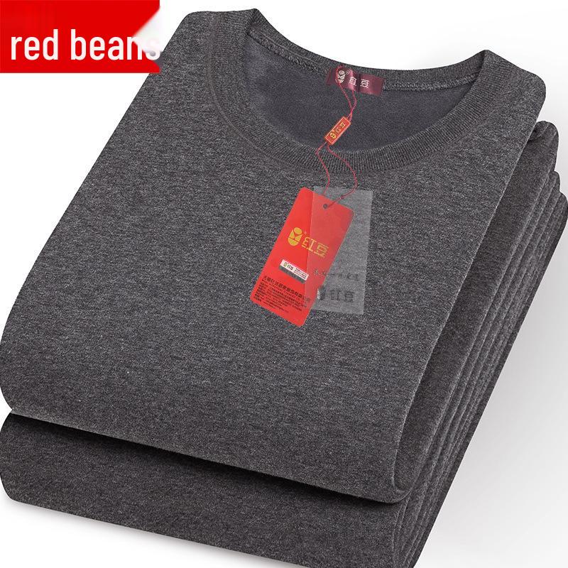 Men's Red Bean Warm Underwear Set: Plus Velvet Mid-Neck Top & Pants, Cotton Wool Sweater for Autumn/Winter