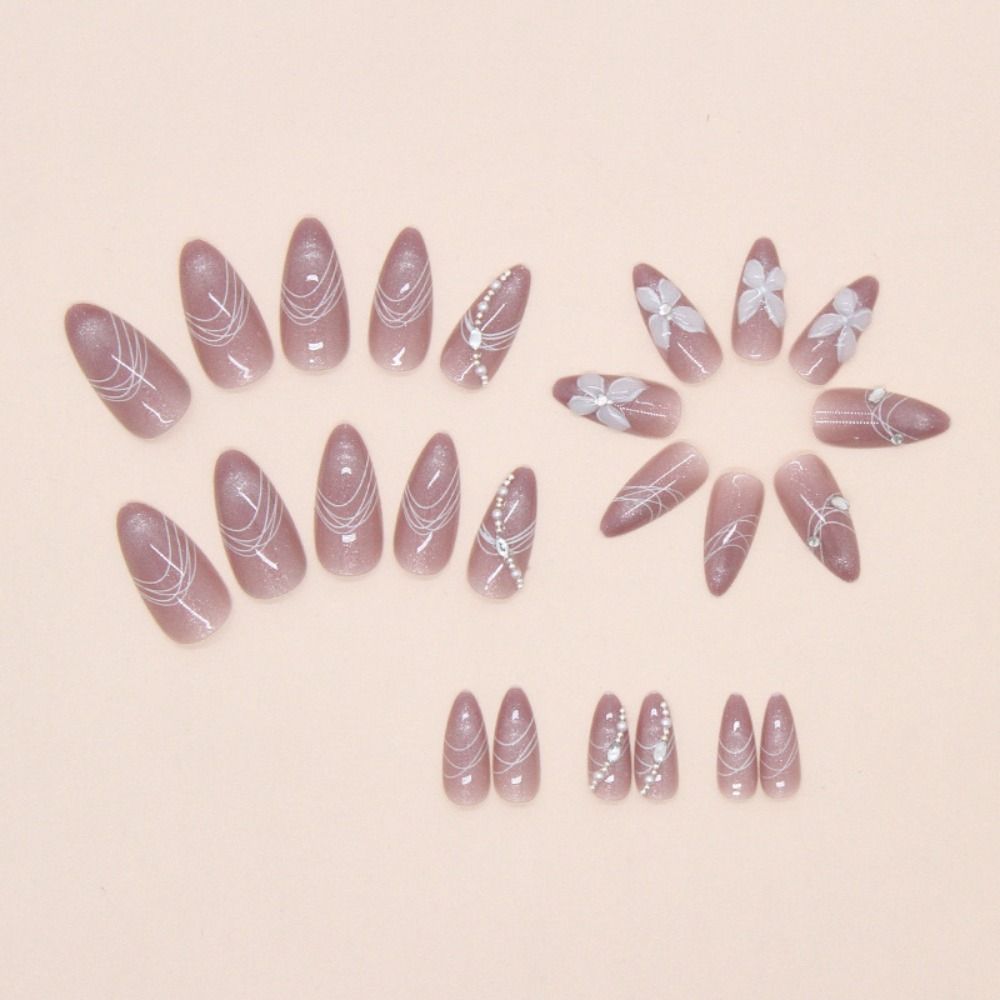 24pcs Crystal Heart White Flower False Nails Long Almond Press On Nails Manicure Nail Tips  Women