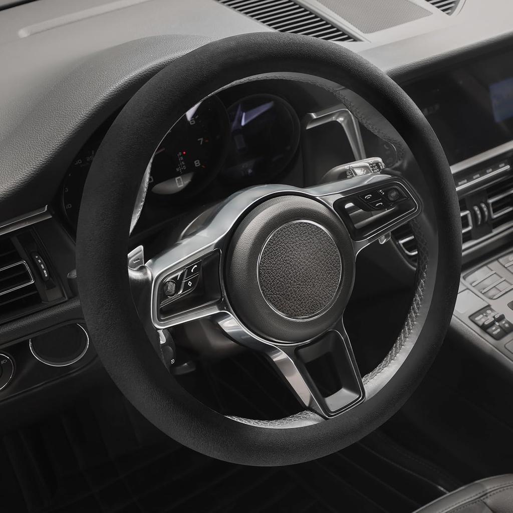 Suede Steering Wheel Cover With Upgraded Silicone Inner Ring, Anti Heat, Breathable, Anti-Slip, Leather Universal 14.5 To 15 Inch Steering Wheel