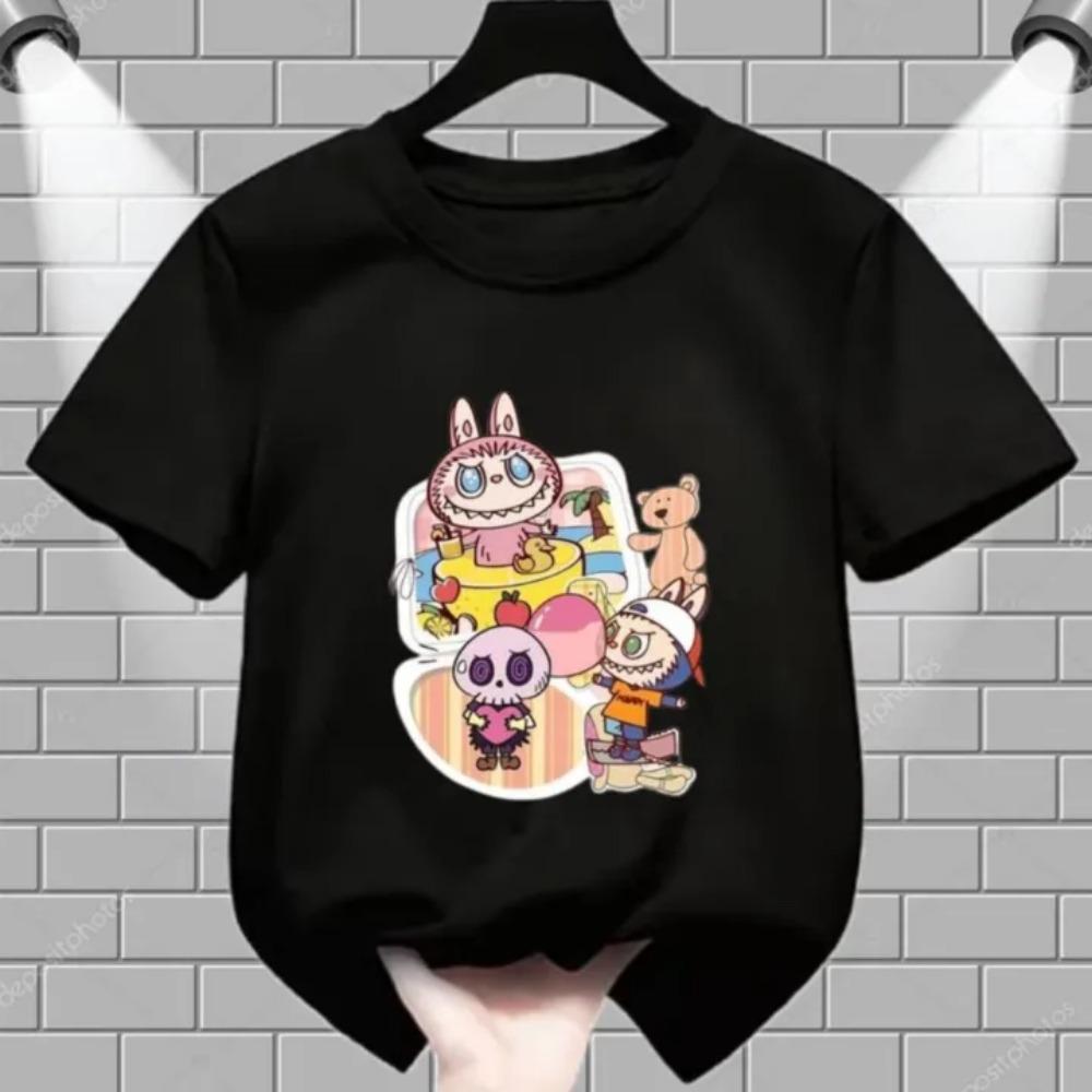 Summer Popular Children's T-shirt Clothing Beach Vacation Labubu Printed Girls Round Neck Short Sleeved Casual Top