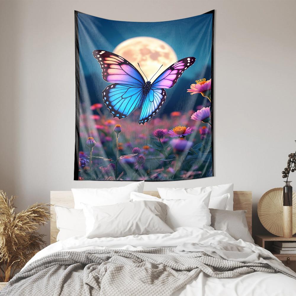 Flattern der Schmetterlinge im Mondlicht Ätherische Landschafts-Wandteppich für die Heimwanddekoration