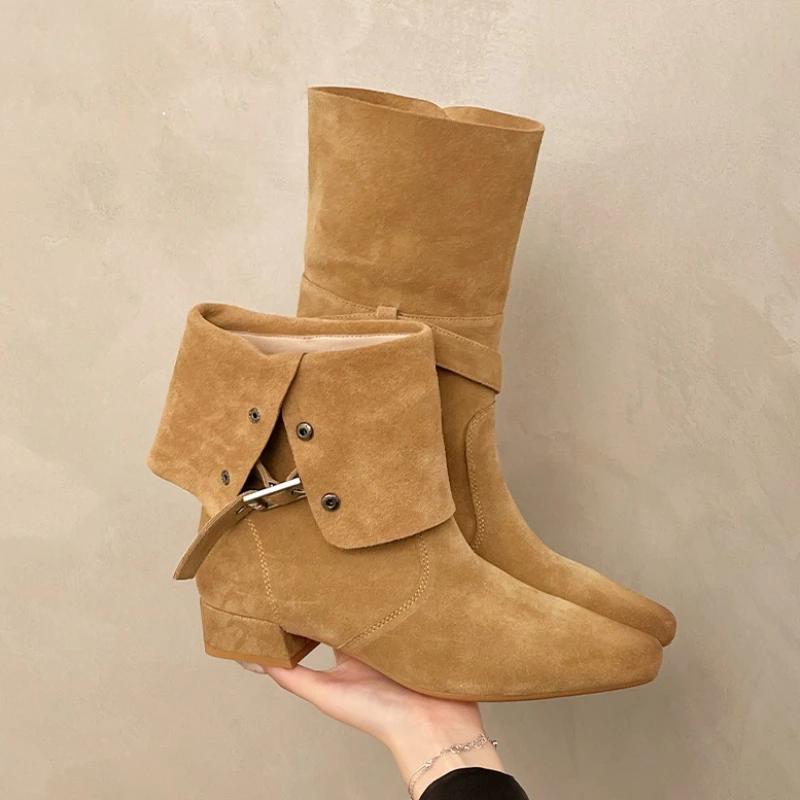 Fashion Mid Calf High Heels Women Boots Suede Shoes Chelsea Boots Winter 2025 Designer New Square Toe Shoes Fashion Pumps Mujer Botas