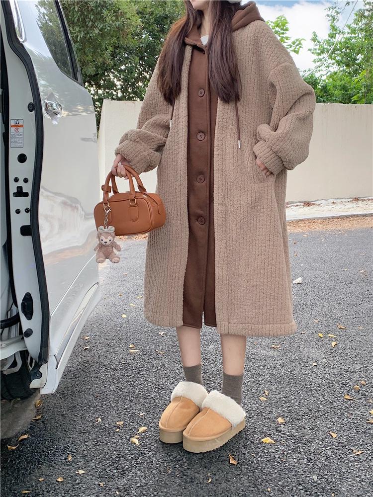Women's Faux Two-Piece Hooded Lamb Wool Coat - Thick, Stylish Korean Winter Long Coat