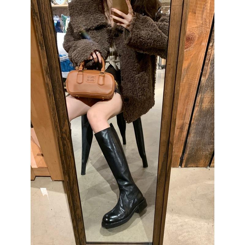 Bottes hautes de cheval en cuir de vachette lavé raisin pour maman, à bout rond, à talon épais, à semelle épaisse, rehaussantes