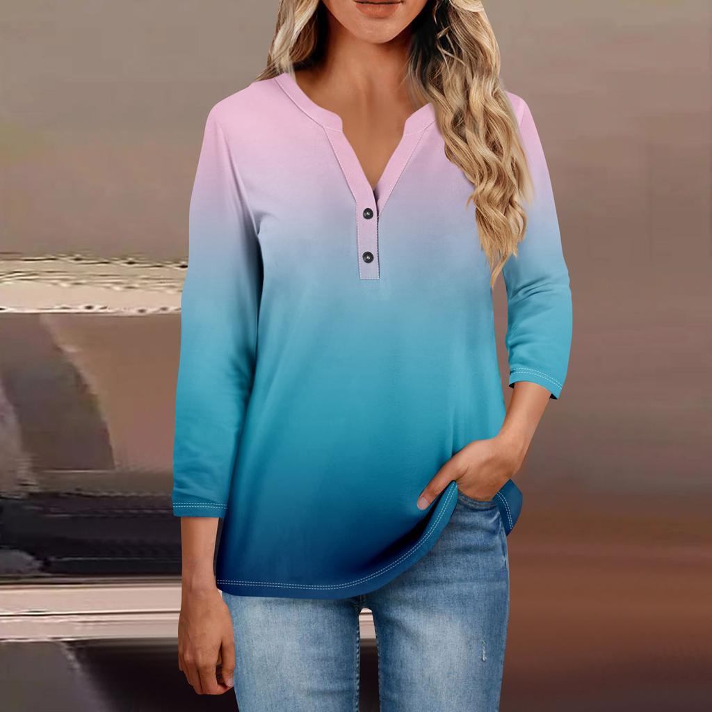 Women's Button Neck Tops Women's Casual Everyday Tops 3/4 Sleeve V Neck Fashion Print Shirt Tops Pocket Tee Sweatshirts