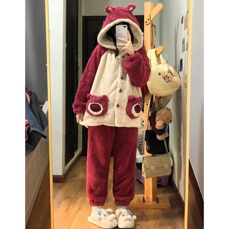 

Милая плюшевая домашняя одежда с рисунком медведя из мультфильма, женский комплект из 2 предметов, корейский кардиган, топ, длинные брюки, мягкий плюшевый пижамный комплект для пожилых людей L