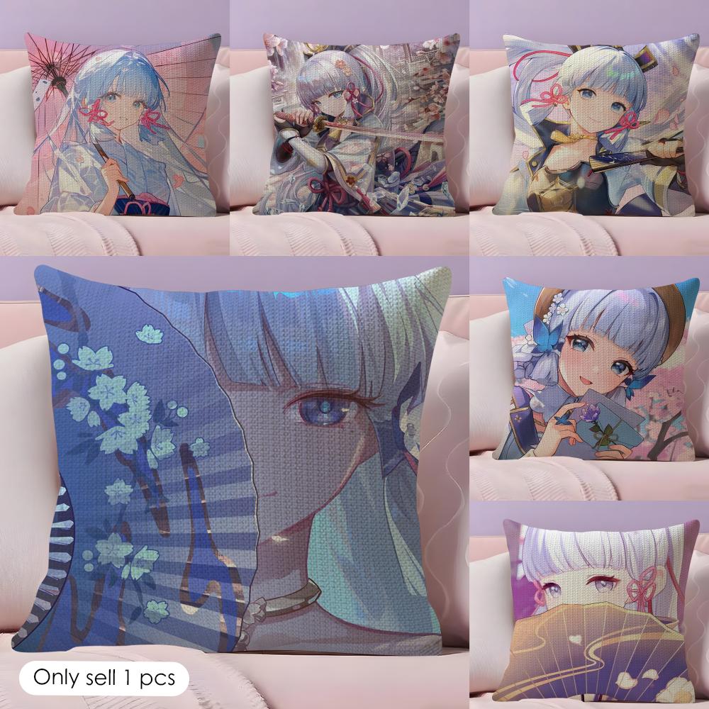 Kamizato Ayaka Genshin Impact Cushion Cover Natural Linen Organic Fabric DoubleSided Printing Sofa Home Decor Gift Pillow Case