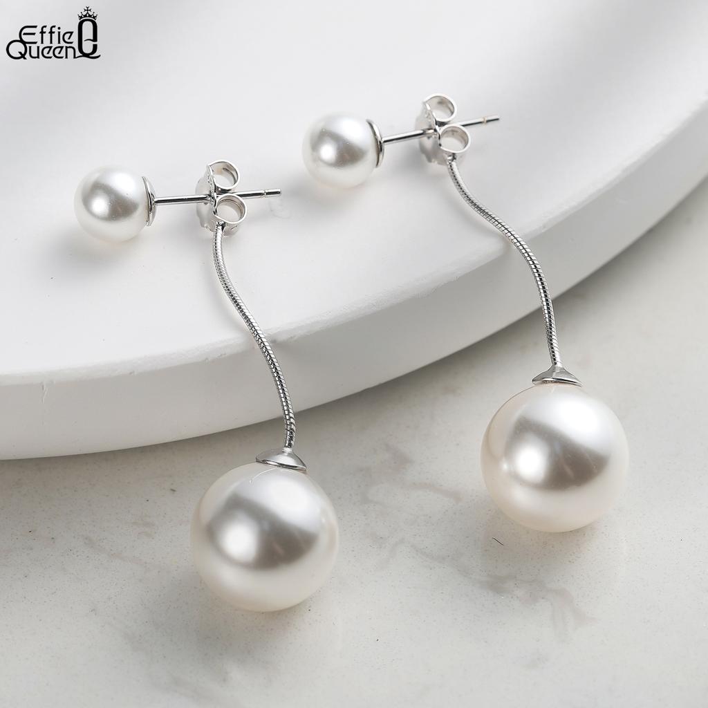 Effie Queen 100% 925 Sterling Silver 14k Gold Two Round Shell Pearl Drop Earrings Beach Jewelry for Women Summer Beach Ear PSE04
