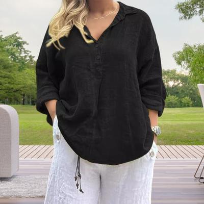 Damenhemd Reversknöpfe Halbe Knopfleiste Langarm Freizeit-Tops Einfarbig Locker