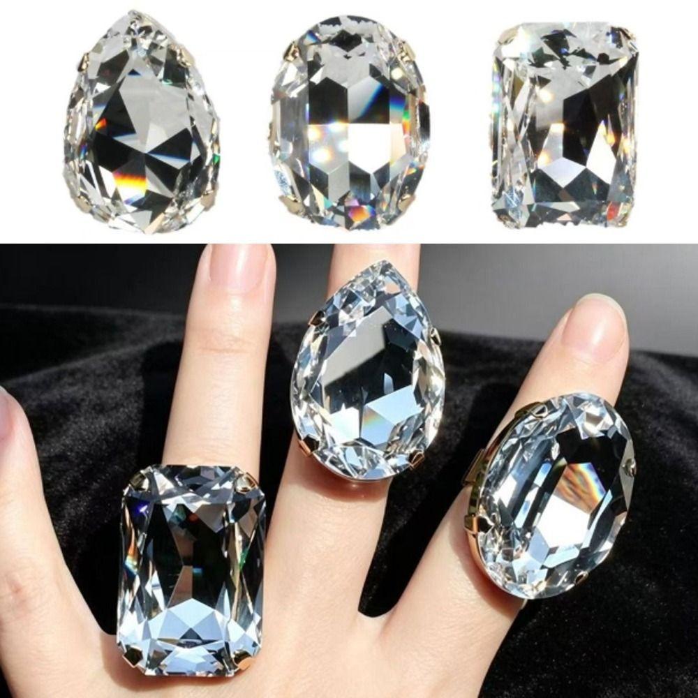 3PCs Adjustable Size Square Rhinestone Ring Adjustable Crystal Ring Daily Outfits