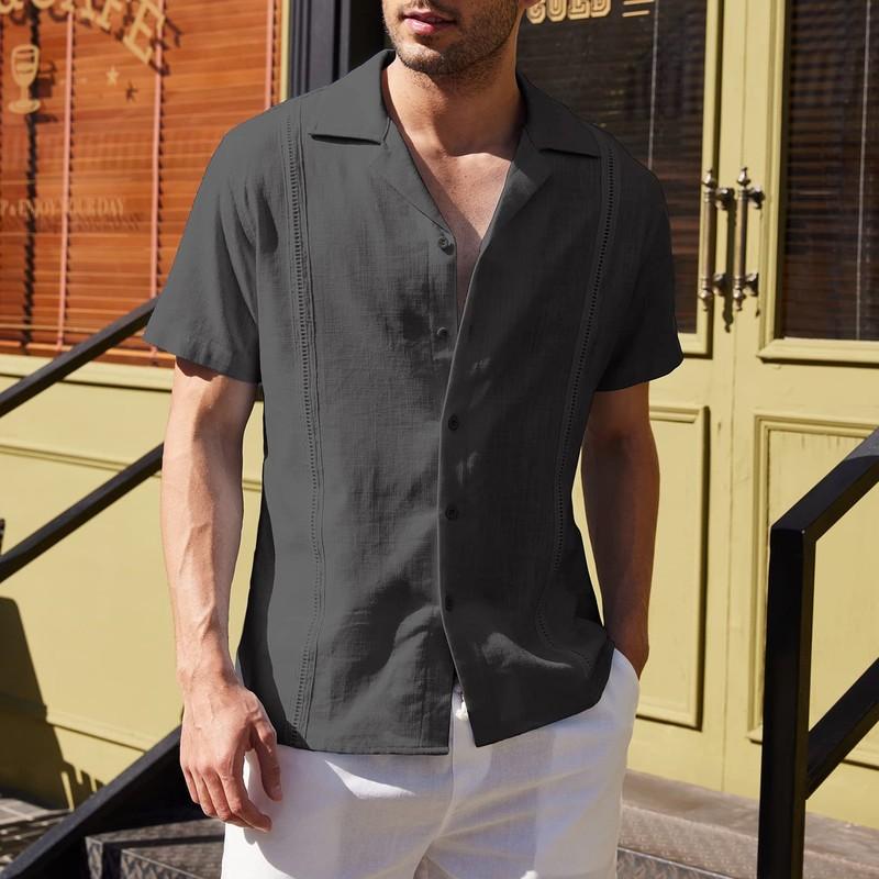 Mens Linen Style Short Sleeve Solid Shirts Casual Fit Formal Dress Top Tee Shirt