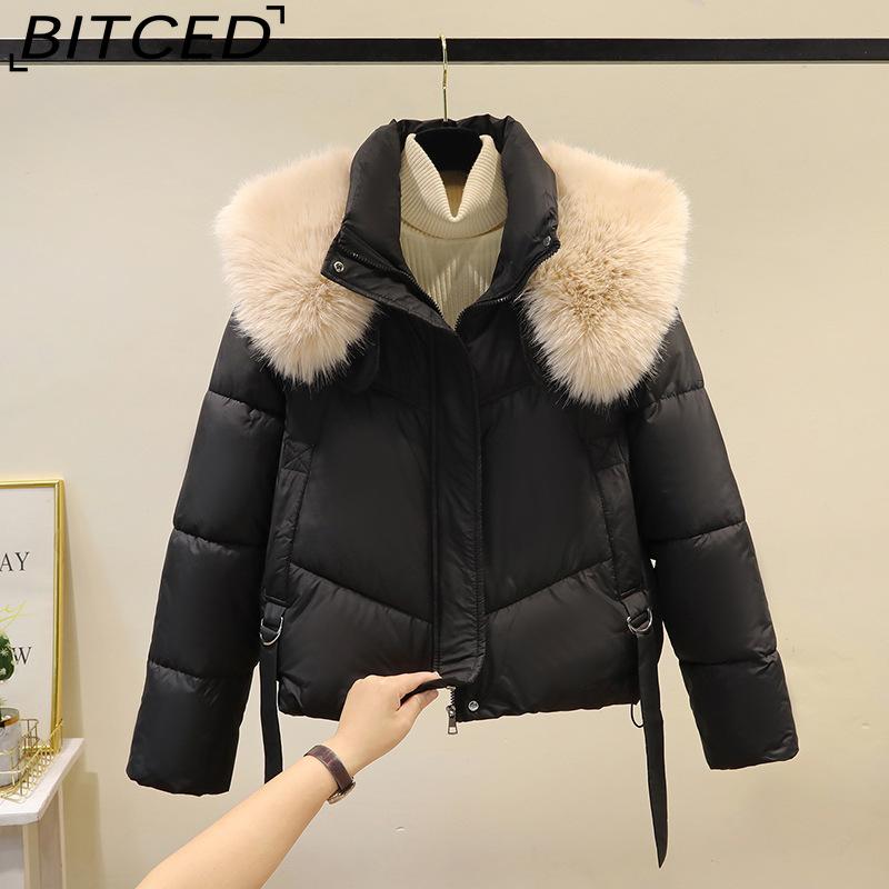 BITCED Winter Fashion Oversized Thick Cotton Coat with Stylish Large Fur Collar Down-Filled Cotton Jacket Slimming Women's Cotton Coat