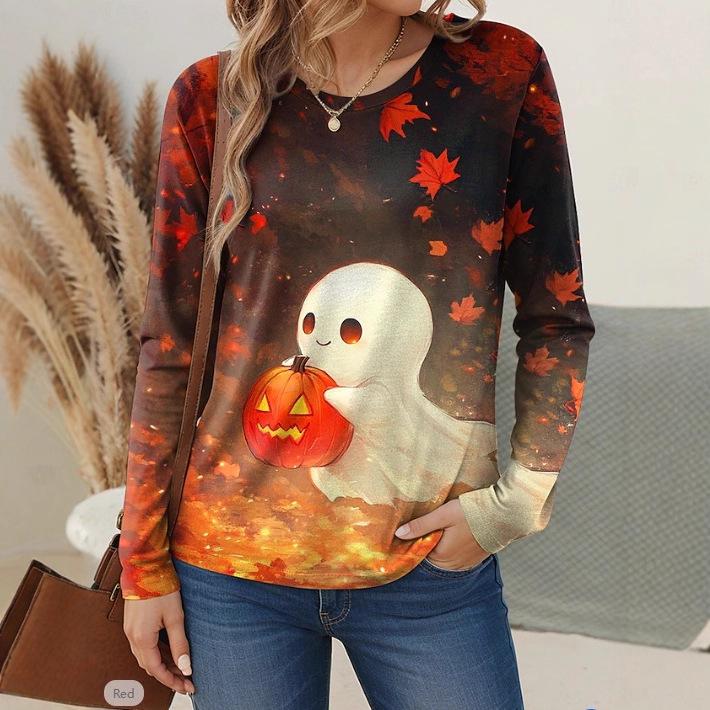Spring and Autumn Round Neck 3D Halloween Printed Top Fashionable Casual Long Sleeved Women's T-shirts
